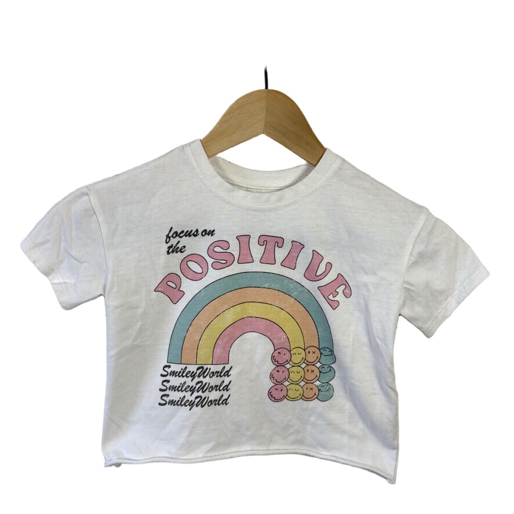 SmileyWorld Girls 5T Focus on the Positive Rainbow Crop Tee